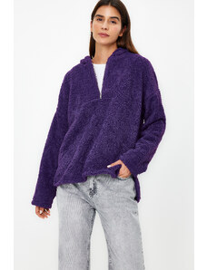 Trendyol Winter Essentials Purple Zippered Thick Fleece Oversize/Cross Knit Sweatshirt