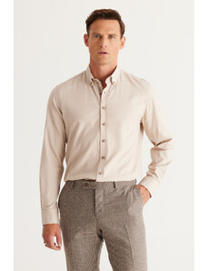 ALTINYILDIZ CLASSICS Men's Beige Slim Fit Slim Fit Shirt with Buttons and Collar Cotton Gabardine