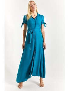 armonika Women's Petrol Shirt Dress with Tie Sleeves and Belted Waist