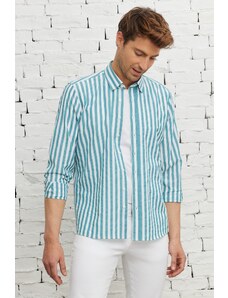 AC&Co / Altınyıldız Classics Men's Green and White Slim Fit Slim Fit Shirt with Hidden Buttons Collar Cotton Shirt
