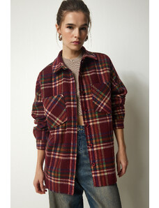 Happiness İstanbul Women's Burgundy Patterned Oversize Cachet Lumberjack Shirt