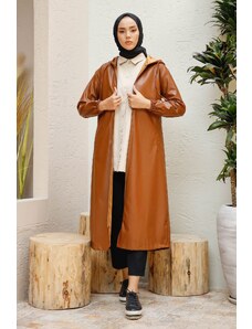 InStyle Hooded Long Leather Cape - Tan