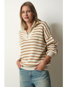 Happiness İstanbul Women's Cream Biscuit Striped Zipper Collar Knitwear Sweater