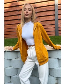 Trend Alaçatı Stili Women's Mustard Yellow Hooded Double Pocket Zipper Oversize Sweatshirt