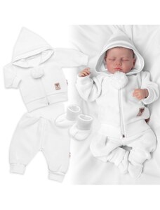 Baby Nellys 3-dílná souprava Hand made, pletený kabátek, kalhoty a botičky, bílá