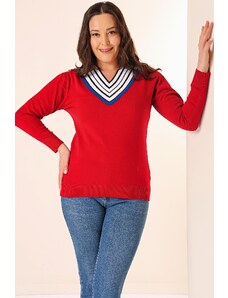 By Saygı Striped V-Neck Plus Size Knitwear Sweater