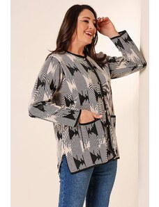 By Saygı Patterned Plus Size Cardigan with Buttons on the Front and Pockets