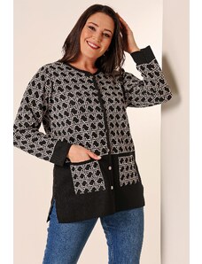 By Saygı Geometric Pattern Plus Size Knitwear Cardigan with Front Buttoned Pockets