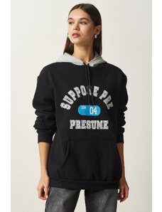 Happiness İstanbul Women's Black Hooded Rack Printed Sweatshirt