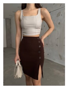 BİKELİFE Women's Brown High Waist Button Detailed Lycra Flexible Skirt