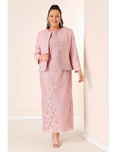 By Saygı Sleeveless Floral Lace Long Dress Stone Detailed Crepe Jacket Lined Plus Size 2-Piece Suit