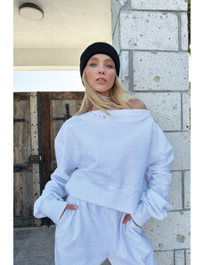 Trend Alaçatı Stili Women's White Boat Neck Self-Textured Crop Sweatshirt