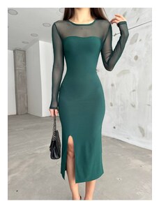 BİKELİFE Women's Green Slit Detailed Lycra Pencil Dress