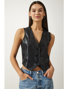 Happiness İstanbul Women's Black V-Neck Faux Leather Vest