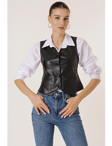 By Saygı Buttoned Front Pocket Lined Leather Vest