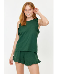 Trendyol Emerald Green 100% Cotton Ruffle Detailed Tank Top-Shorts Knitted Pajama Set