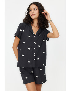 Trendyol Black 100% Cotton Heart Patterned Shirt-Shorts Knitted Pajama Set