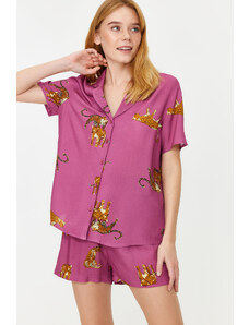 Trendyol Dark Rose Animal Patterned Viscose Shirt-Shorts Woven Pajama Set