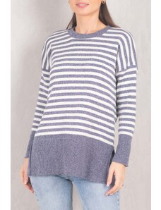 armonika Women's Navy Blue Round Collar Striped Knitwear Sweater