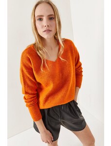 Olalook Women's Orange V-Neck Soft Textured Knitwear Sweater