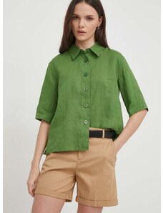 Lněná košile United Colors of Benetton zelená barva, regular, s klasickým límcem