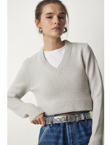 Happiness İstanbul Women's Stone V-Neck Crop Knitwear Sweater