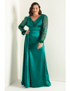 Lafaba Women's Emerald Green V-Neck Sleeves with Stone Slits Long Plus Size Evening Dress