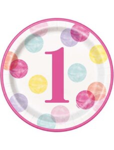 UNIQUE Talíře 1. narozeniny růžové s puntíky - HOLKA - 22 cm - 8 ks - Happy birthday