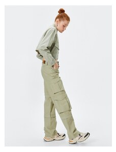 Koton Cargo kalhoty s vysokým pasem rovný dlouhý střih kapsy vrstvená bavlna - Nora Jean