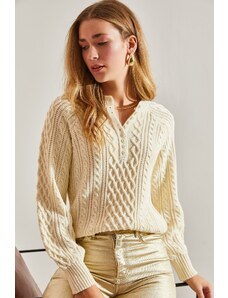 Bianco Lucci Women's Hair Braided Buttoned Knitwear Sweater