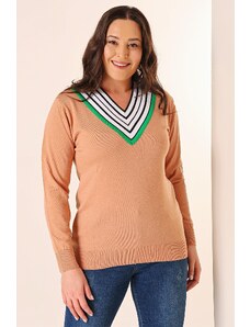 By Saygı Striped V-Neck Plus Size Knitwear Sweater