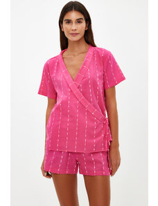 Trendyol Fuchsia Striped 100% Cotton Viscose Wide Fit Shirt-Shorts Woven Pajamas Set