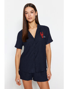 Trendyol Indigo Embroidered Shirt-Shorts Woven Pajama Set