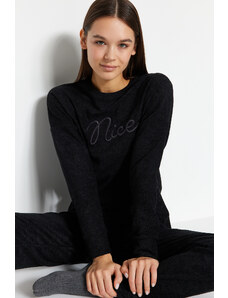 Trendyol Black Velvet Tshirt-Jogger Knitted Pajama Set