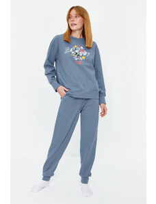 Trendyol Blue Cotton Printed Sweatshirt-Jogger Knitted Pajama Set