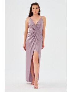 Carmen Lavender Lacquered Chiffon Double Breasted Evening Dress with Slits