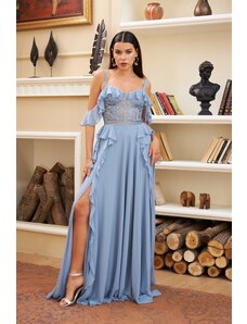 Carmen Indigo Flounce Top Lace Slit Evening Dress