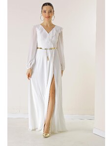 By Saygı Flounce Front Balloon Sleeve Belted Chiffon Long Dress