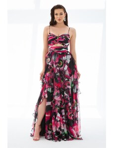 Carmen Fuchsia Printed Long Evening Dress with Belly Low-cut Slit