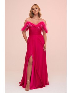 Carmen Fuchsia Chiffon Feathered Slit Long Evening Dress