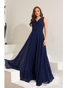 Carmen Navy Blue Chiffon Off-Neck Long Evening Dress and Invitation Dress