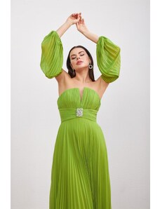 Carmen Pistachio Green Chiffon Evening Dress With Belt Detail.