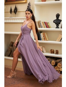 Carmen Lavender Chiffon Strap Ruffle Long Evening Dress