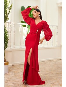 Carmen Red Chiffon Long Evening Dress with Buckle Detail