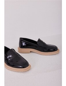 Madamra Black Patent Leather Women's Daily Loafers