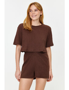 Trendyol Brown Ribbed Cotton Tshirt-Shorts Knitted Pajamas Set