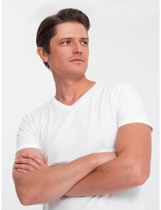 Ombre Clothing Pánské klasické bavlněné tričko BASIC s výstřihem do V - bílá V4 OM-TSBS-0145