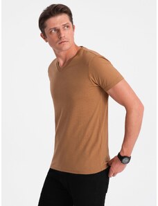 Ombre Clothing Pánské klasické bavlněné tričko BASIC s výstřihem do V - teplá hnědá V8 OM-TSBS-0145