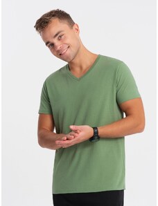 Ombre Clothing Pánské klasické bavlněné tričko BASIC s výstřihem do V - zelená V10 OM-TSBS-0145