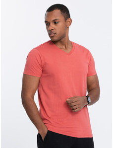Ombre Clothing Pánské klasické bavlněné tričko BASIC s výstřihem do V - růžová V12 OM-TSBS-0145